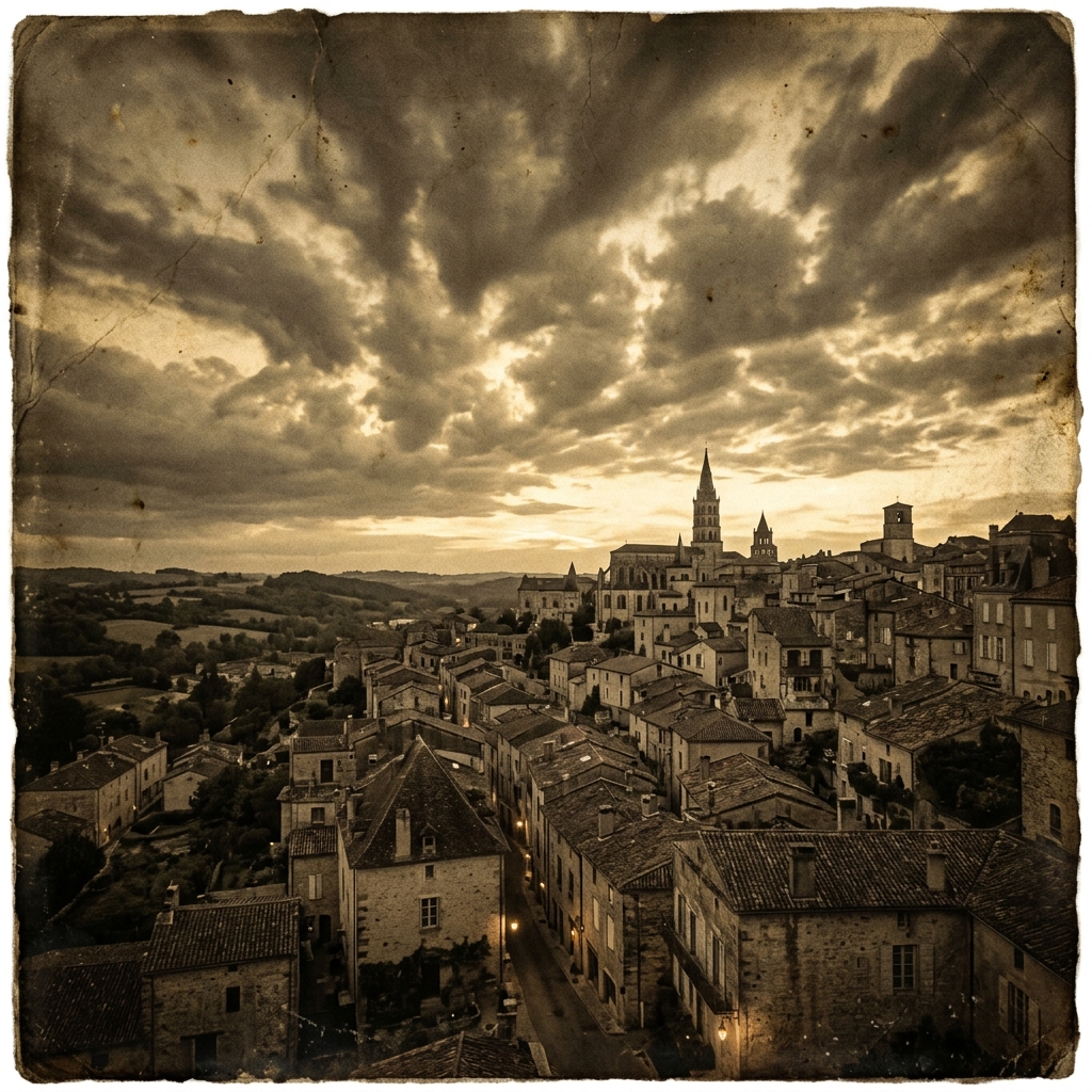 Fotografía atmosférica de nubes al atardecer sobre un pueblo antiguo, evocando el oficio del Afinador de Nubes