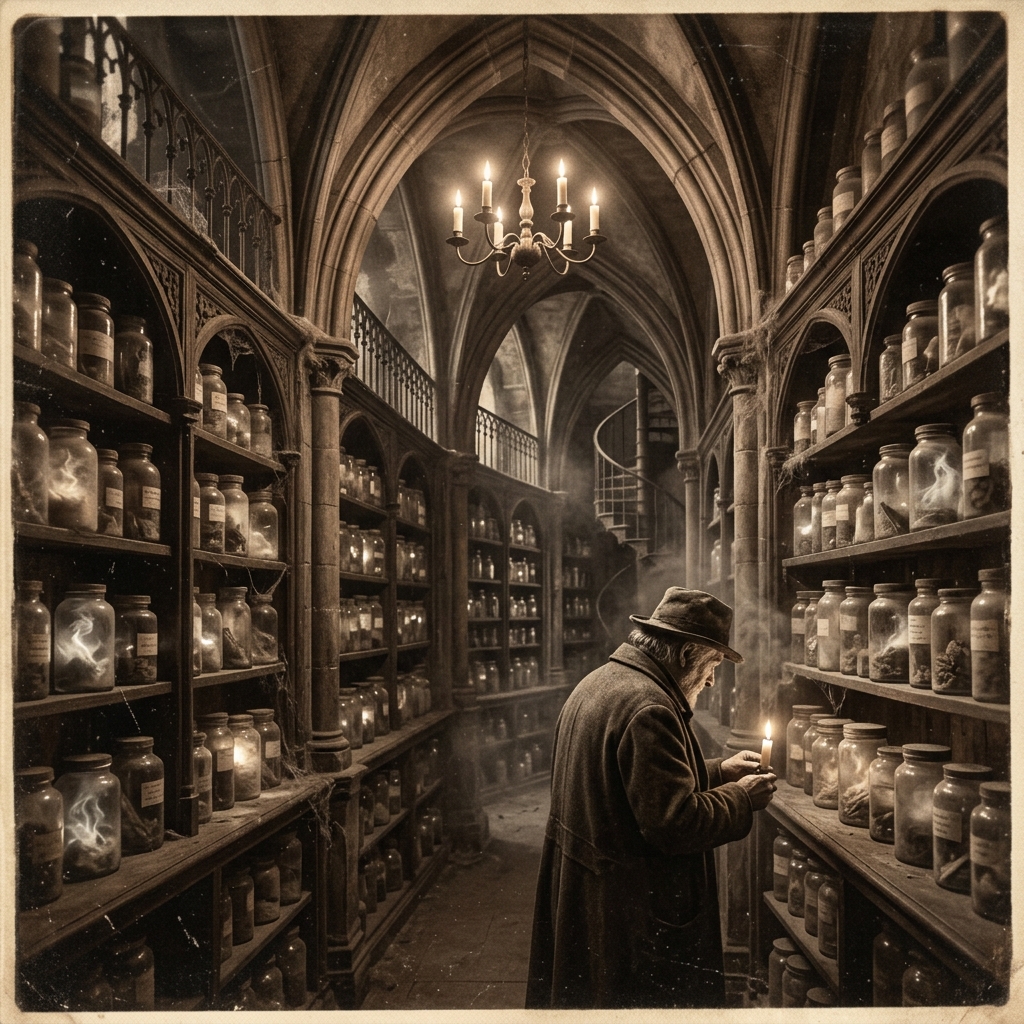 Fotografía sepia de una biblioteca infinita con tarros sin etiquetar bajo arcos góticos iluminados por velas