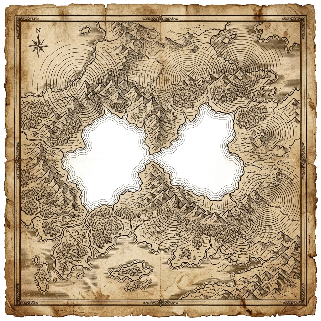 Mapa cartográfico vintage sobre pergamino con zonas de silencio marcadas y ondas acústicas en tinta sepia