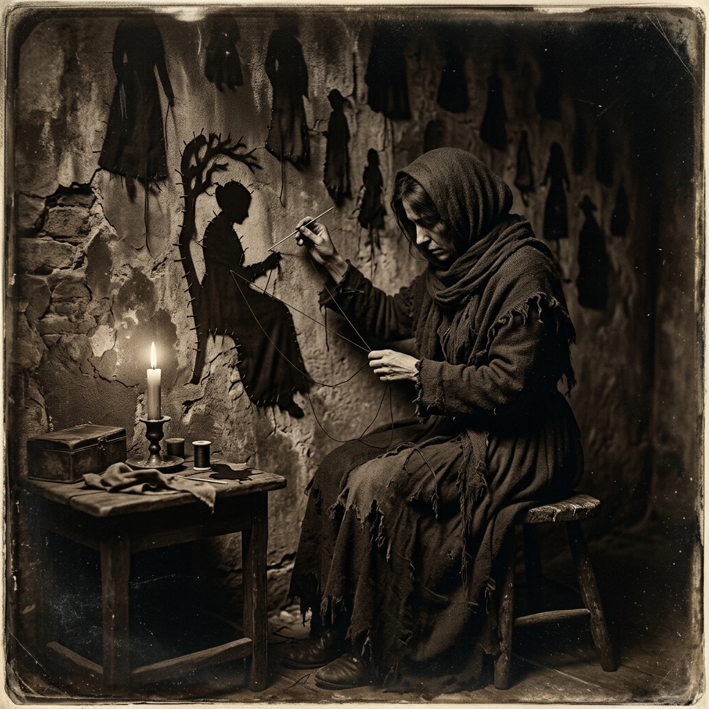 Daguerrotipo surrealista vintage de una figura cosiendo sombras a una pared con aguja oscura bajo luz de claroscuro