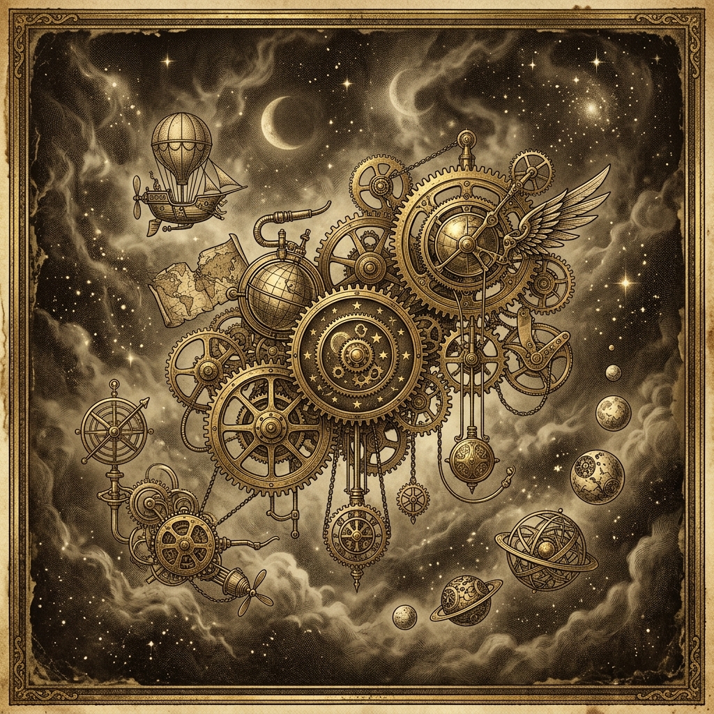 Ilustración vintage de engranajes y mecanismos oníricos flotando en el vacío sepia y dorado
