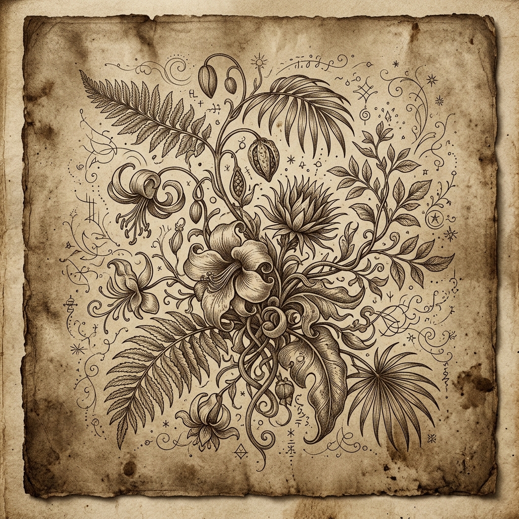 Grabado botánico vintage con plantas exóticas rodeadas de símbolos de traducción en tinta sepia